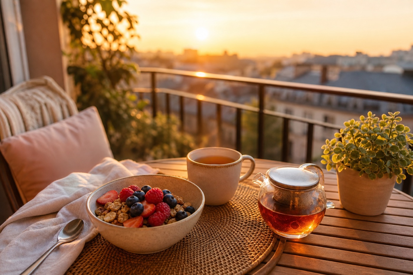 A sunrise breakfast on a balcony table with granola, berries, tea and a small plant